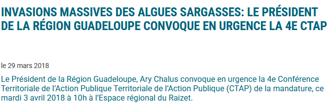 29 Mars 2018 - Tous les représentants du territoire sont convoquées en urgence par la Region pour les sargasses...le 3 Avril